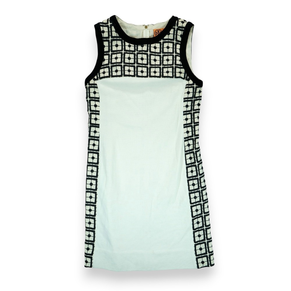 Tory Burch Women's Shift Dress Black‎ & White Size Large ~ Embroidered Back zip